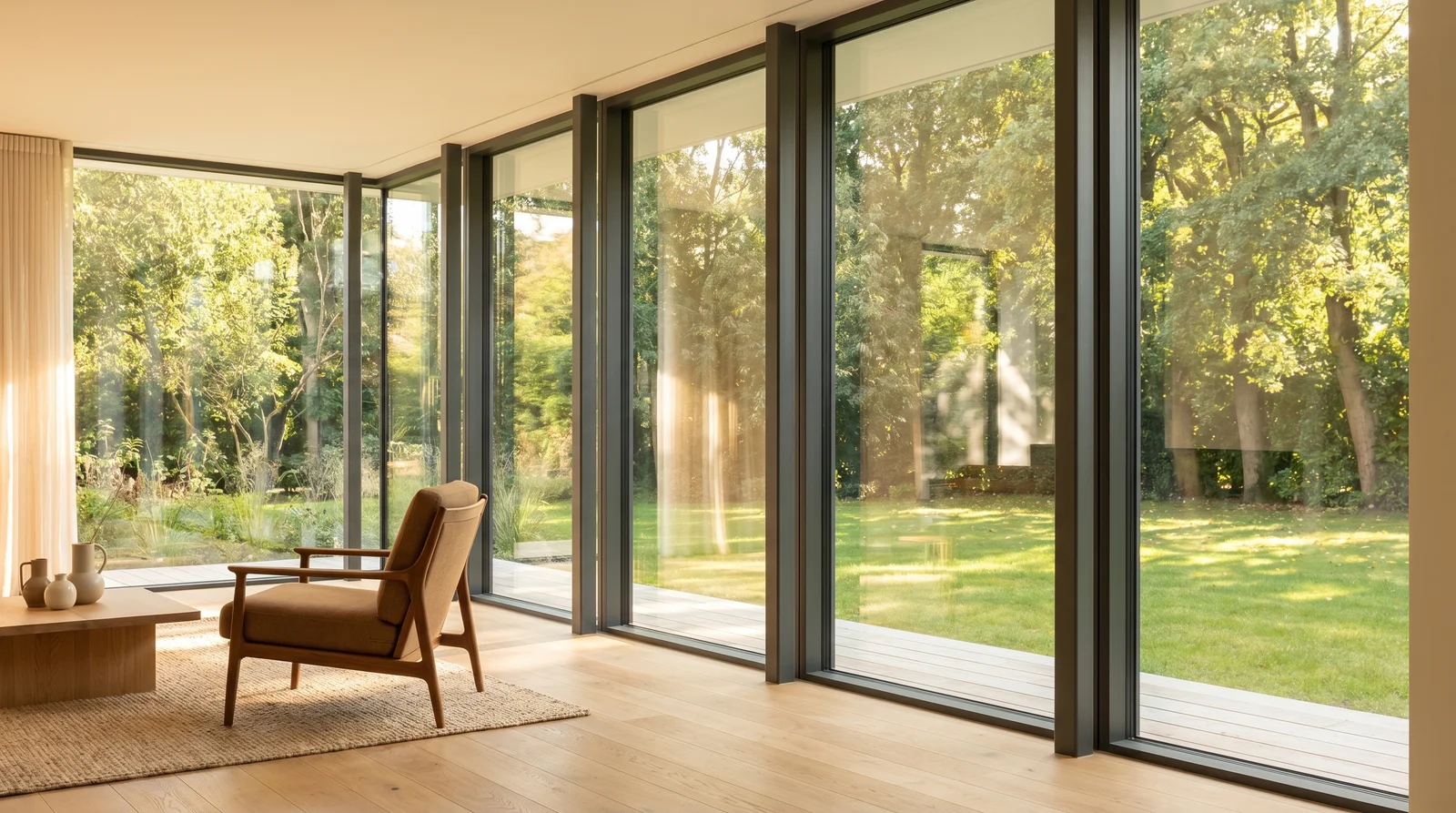Wielkie aluminiowe przeszklenie zacierające granicę między wnętrzem a tarasem