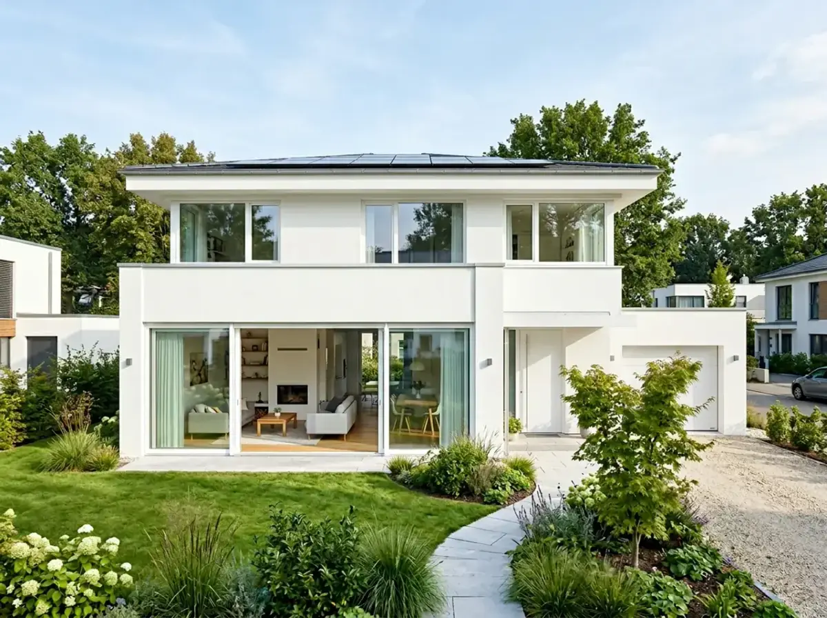 Nowoczesny dom z dużymi oknami PCV – widok zewnętrzny